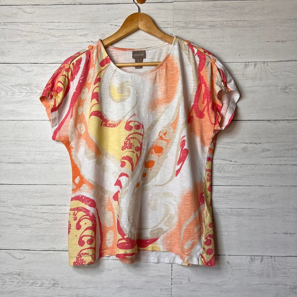 Chicos Blouse Womens Size 1/Medium Colorful Swirl Short Sleeve 100% Cotton